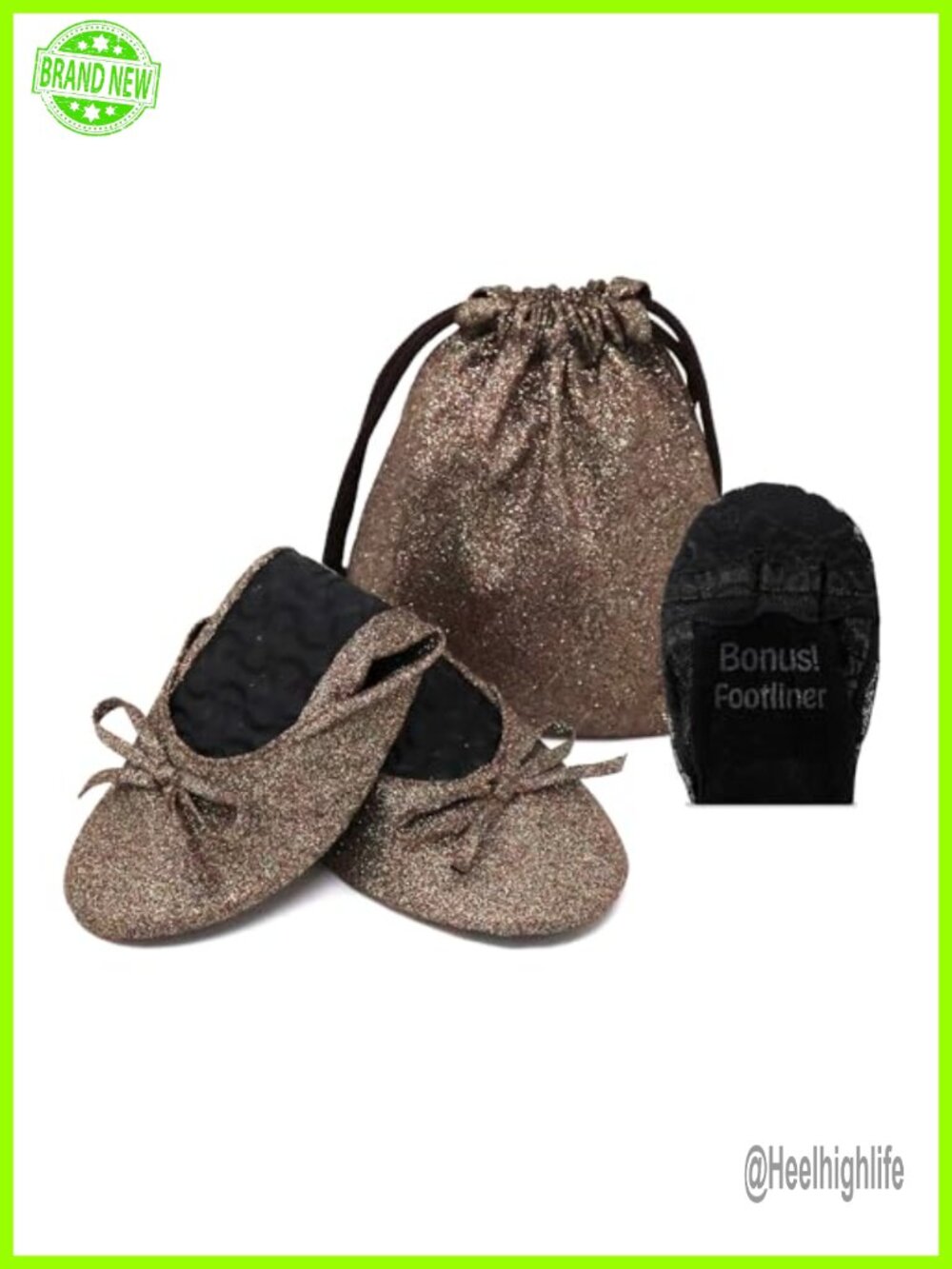 Foldable Ballet Flats for Women Glitter Wedding Shoes with Pouch